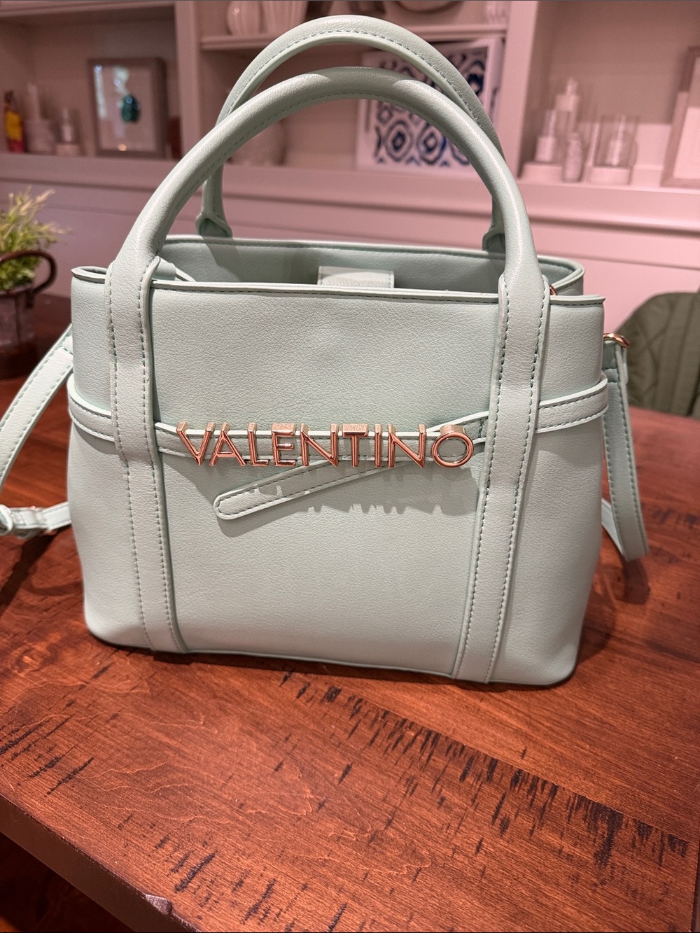 Mint Green Leather Satchel with Gold Logo